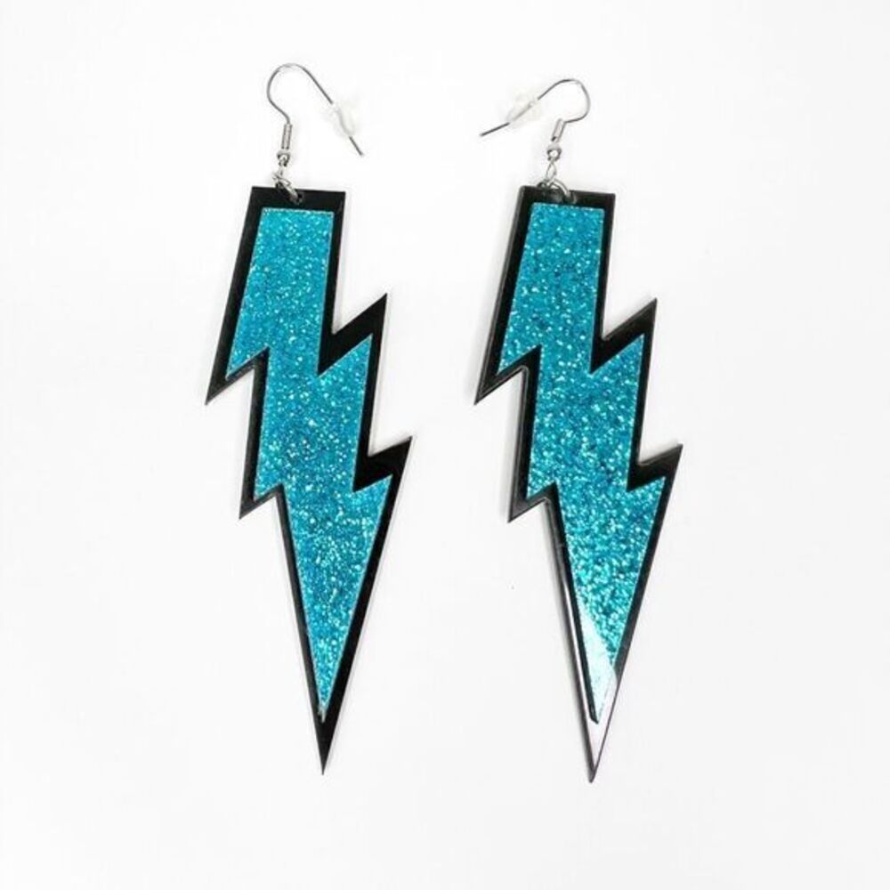 Black Blue Glitter Acrylic Tampa Bay Lightning Bolt Hockey Dangle Earrings